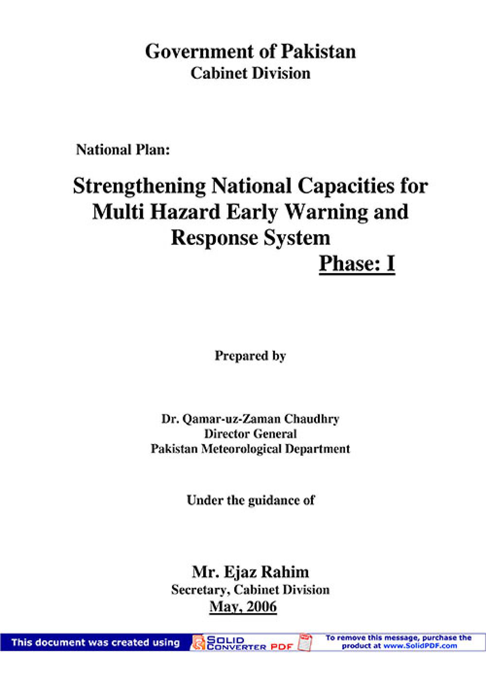 Strengthening National Capacities for Multi Hazards Early Warning and Response System Phase 1